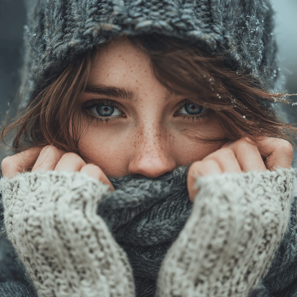 Person bundled up in warm winter clothing, covering their face with a knitted scarf and hat in cold weather.