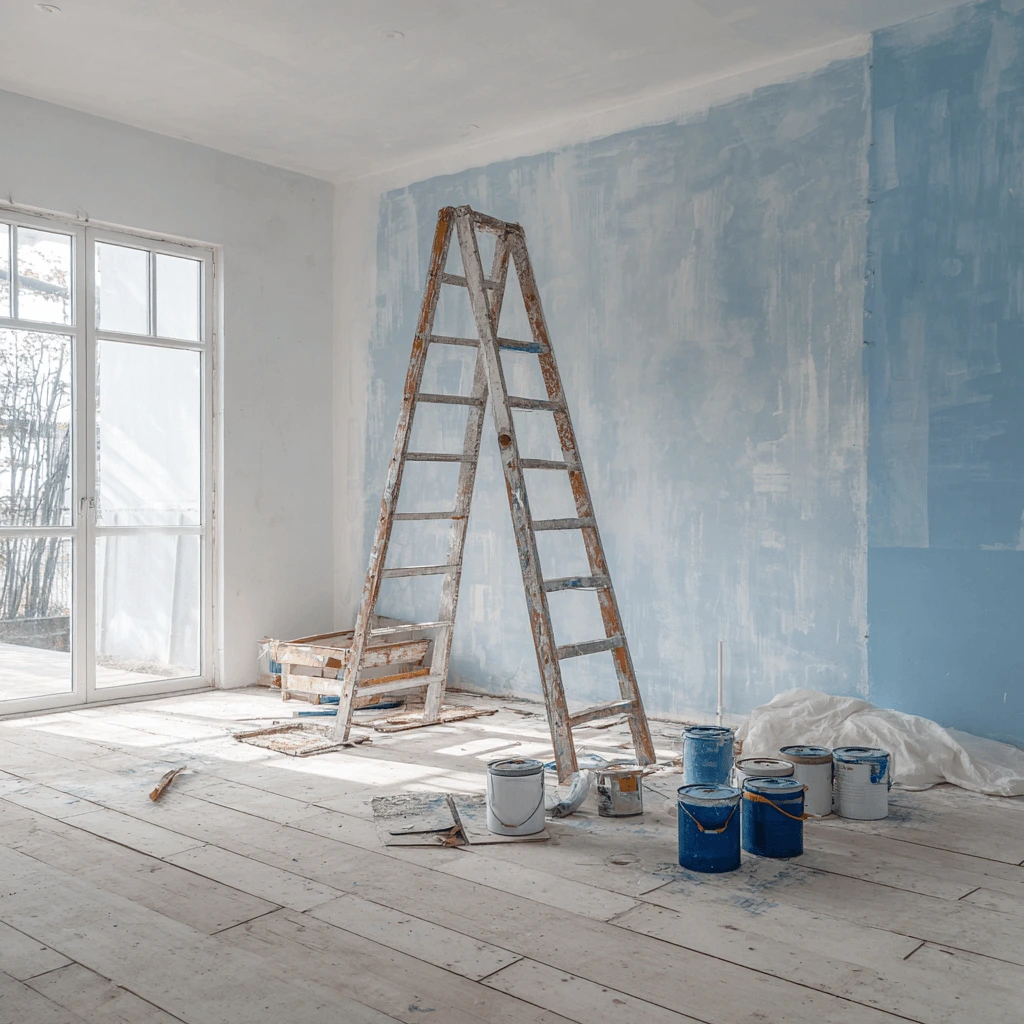 Interior room mid-renovation with a ladder, paint cans, and partially primed blue walls, showing early preparation steps before painting.