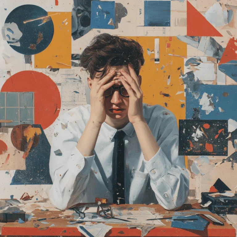 Stressed DIY painter sitting at a messy desk with hands on head, symbolising frustration and painting mistakes, surrounded by disorganised colour samples and paint debris.