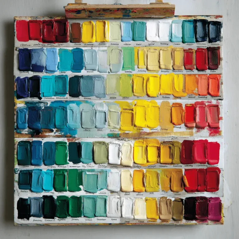 This image displays a large, hand-painted colour chart featuring multiple rows of interior and exterior paint swatches grouped by colour families — blues, greens, yellows, neutrals, and reds. The swatches have a textured, real-paint finish to show depth, tone variation, and coverage, making it easy to compare modern colour options often used to style Canberra homes for faster resale.