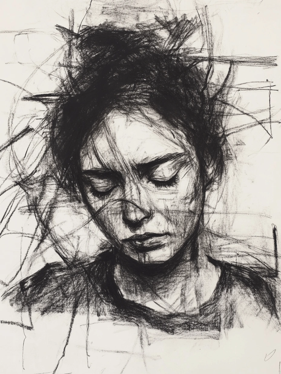 A rough charcoal portrait of a woman withdrawing into herself, eyes closed, shoulders drawn, expression heavy. The sketched lines around her mimic the chaos and pressure of being socially excluded, judged, or overwhelmed. A visual representation of what it feels like to be pushed to the edges.